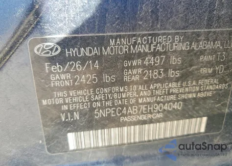2014 Hyundai Sonata Se z USA, uszkodzony, nr VIN 5NPEC4AB7EH904040